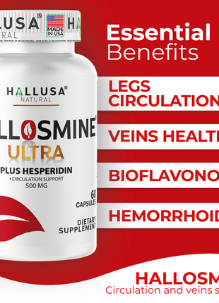 Hallusa Natural - Hallosmine Ultra Diosmin 500mg & Hesperidin 150mg – Heavy Legs, Swelling, Veins & Circulation Support , 60 Capsules