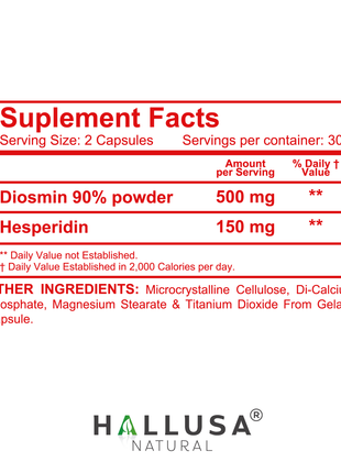 Hallusa Natural - Hallosmine Ultra Diosmin 500mg & Hesperidin 150mg – Heavy Legs, Swelling, Veins & Circulation Support , 60 Capsules