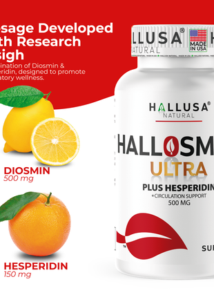 Hallusa Natural - Hallosmine Ultra Diosmin 500mg & Hesperidin 150mg – Heavy Legs, Swelling, Veins & Circulation Support , 60 Capsules