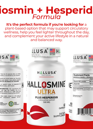 Hallusa Natural - Hallosmine Ultra Diosmin 500mg & Hesperidin 150mg – Heavy Legs, Swelling, Veins & Circulation Support , 60 Capsules