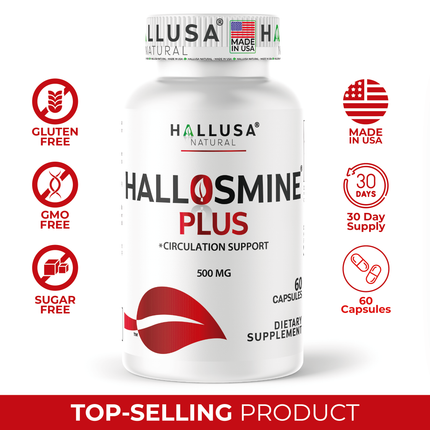 Hallosmine Plus Diosmin 500mg, Leg Circulation Supplement for Varicose Veins, Heavy Legs, Diosmin Circulation Support, Lymphatic Drainage & Blood Circulation Supplement - 60 Capsules