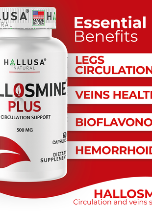 Hallosmine Plus Diosmin 500mg, Leg Circulation Supplement for Varicose Veins, Heavy Legs, Diosmin Circulation Support, Lymphatic Drainage & Blood Circulation Supplement - 60 Capsules