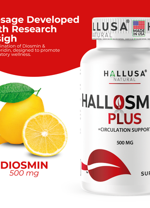 Hallosmine Plus Diosmin 500mg, Leg Circulation Supplement for Varicose Veins, Heavy Legs, Diosmin Circulation Support, Lymphatic Drainage & Blood Circulation Supplement - 60 Capsules