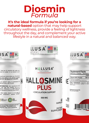 Hallosmine Plus Diosmin 500mg, Leg Circulation Supplement for Varicose Veins, Heavy Legs, Diosmin Circulation Support, Lymphatic Drainage & Blood Circulation Supplement - 60 Capsules