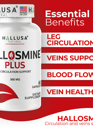 Hallosmine Plus Diosmin 500mg, Leg Circulation Supplement for Varicose Veins, Heavy Legs, Diosmin Circulation Support, Lymphatic Drainage & Blood Circulation Supplement - 60 Capsules