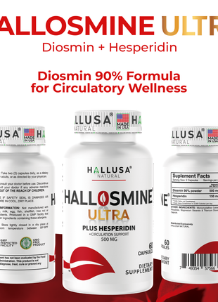 Hallosmine Ultra Diosmin 500mg Hesperidin 150mg - Circulation & Vein Support Supplement - 60 Capsules - Leg Vein Health - Non GMO, Gluten Free - Hallusa Natural