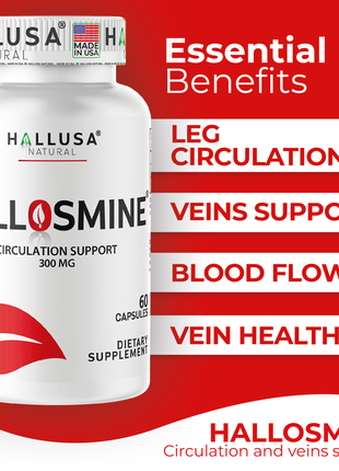 Hallusa Natural | Hallosmine Diosmin 300mg | Circulation & Vein Support Supplement | Leg Circulation, Varicose Veins, Blood Flow, Lymphatic Drainage Support | Blood Circulation Supplement | 60 Capsules