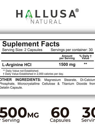 Hall L- Arginine 1500 mg - Pre Workout - Amino Acids Supplement - Nitric Oxide - Amino Energy - Energy Supplements - Muscle Recovery - 60