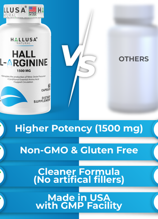 Hall L- Arginine 1500 mg - Pre Workout - Amino Acids Supplement - Nitric Oxide - Amino Energy - Energy Supplements - Muscle Recovery - 60