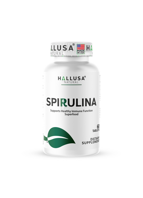 HallSpirulina - Spirulina 1000 mg - Vitamin A, Vitamin B12, with Magnesium - Immune Support - Anti Inflammatory - 60 Tablets - Hallusa Natural