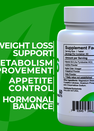 KLB6 - Apple Cider Vinegar - 60 Tablets - Natural Supplement - Support Supplement - Friendly Vegan - Gluten Free - Sugar Free - Non-GMO - HALLUSA NATURAL