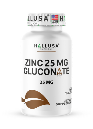 Hallusa Natural Zinc Gluconate 25mg Max Strength | Immune Support & Antioxidant Supplement | Essential Mineral for Defense, Skin & Hair Health | 60 Tablets, 60 Day Supply