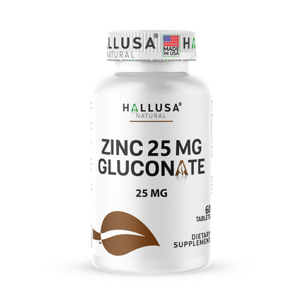 Hallusa Natural Zinc Gluconate 25mg Max Strength | Immune Support & Antioxidant Supplement | Essential Mineral for Defense, Skin & Hair Health | 60 Tablets, 60 Day Supply