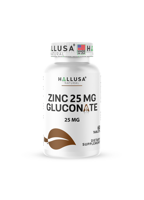 Hallusa Natural Zinc Gluconate 25mg Max Strength | Immune Support & Antioxidant Supplement | Essential Mineral for Defense, Skin & Hair Health | 60 Tablets, 60 Day Supply