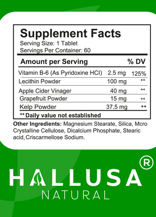 KLB6 - Apple Cider Vinegar - 60 Tablets - Natural Supplement - Support Supplement - Friendly Vegan - Gluten Free - Sugar Free - Non-GMO - HALLUSA NATURAL