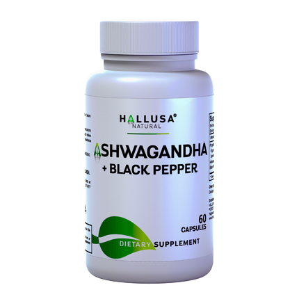 Hallusa Natural Ashwagandha + Black Pepper - Ashwagandha Supplements 1050 mg - Stress Support - Immune Support - Non GMO - 60 Capsules