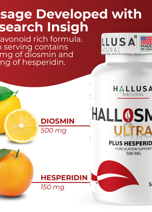 Hallosmine Ultra Diosmin 500mg Hesperidin 150mg - Circulation & Vein Support Supplement - 60 Capsules - Leg Vein Health - Non GMO, Gluten Free - Hallusa Natural