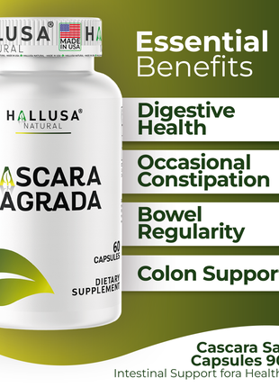 Hallusa Natural - Cascara Sagrada 900 mg, Soothes The gastrointestinal Tract, Digestive Support Promotes Regularity – 60 Capsules - 30 Day Supply - Digestive Health, Colon Function & Bowel Regularity