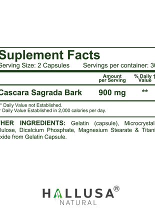 Hallusa Natural - Cascara Sagrada 900 mg, Soothes The gastrointestinal Tract, Digestive Support Promotes Regularity – 60 Capsules - 30 Day Supply - Digestive Health, Colon Function & Bowel Regularity