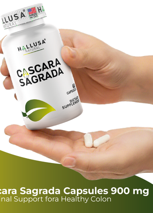 Hallusa Natural - Cascara Sagrada 900 mg, Soothes The gastrointestinal Tract, Digestive Support Promotes Regularity – 60 Capsules - 30 Day Supply - Digestive Health, Colon Function & Bowel Regularity
