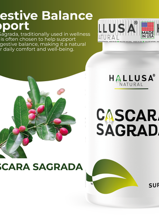 Hallusa Natural - Cascara Sagrada 900 mg, Soothes The gastrointestinal Tract, Digestive Support Promotes Regularity – 60 Capsules - 30 Day Supply - Digestive Health, Colon Function & Bowel Regularity