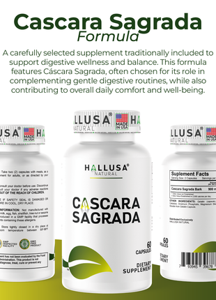Hallusa Natural - Cascara Sagrada 900 mg, Soothes The gastrointestinal Tract, Digestive Support Promotes Regularity – 60 Capsules - 30 Day Supply - Digestive Health, Colon Function & Bowel Regularity